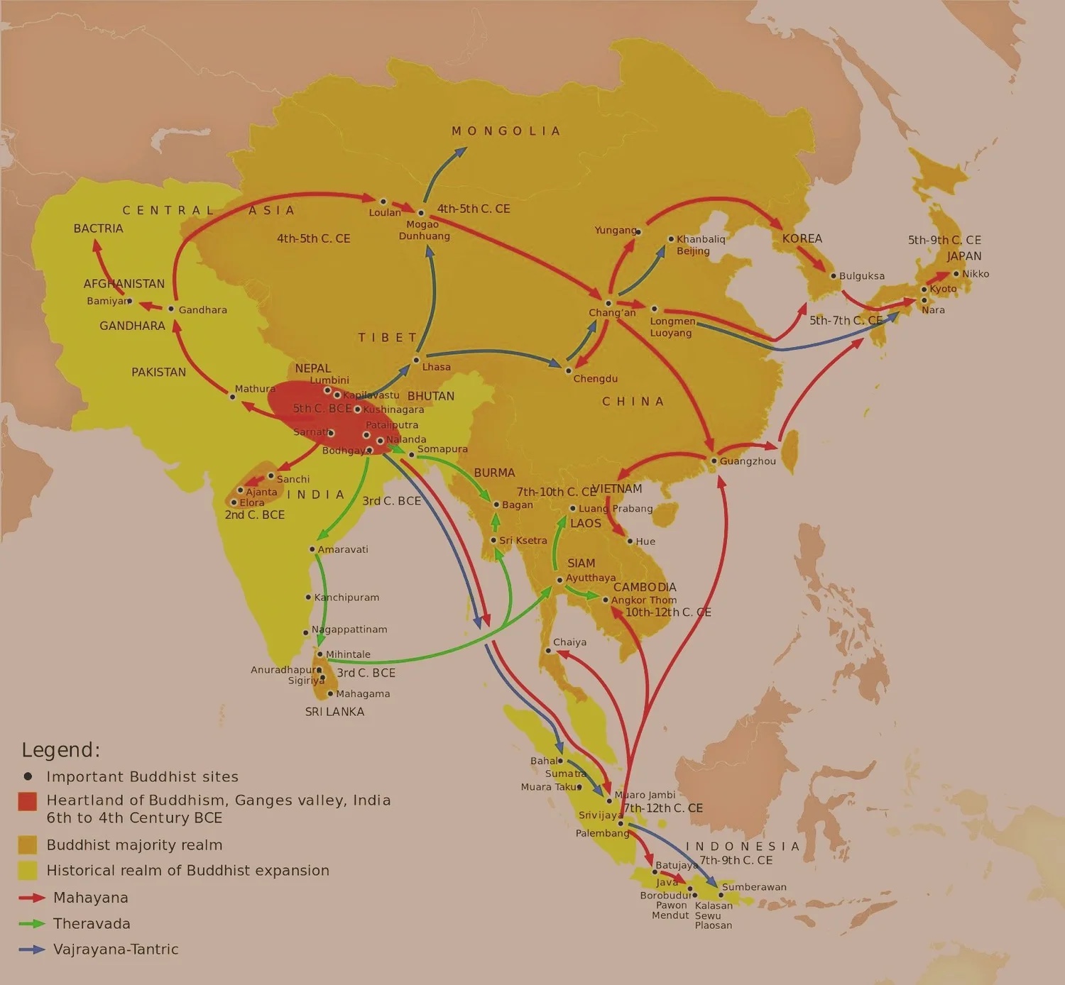 Map of the expansion of Buddhism across Asia.