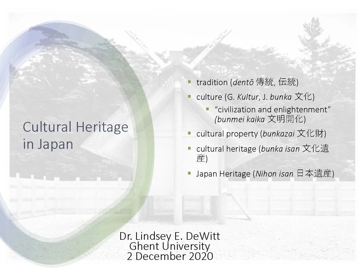 Title slide: Cultural Heritage in Japan, Ghent University, December 2020, with key terms.