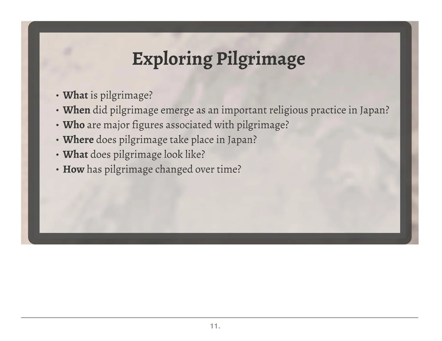 Prezi frame: exploring pilgrimage—what, when, who, where, how.