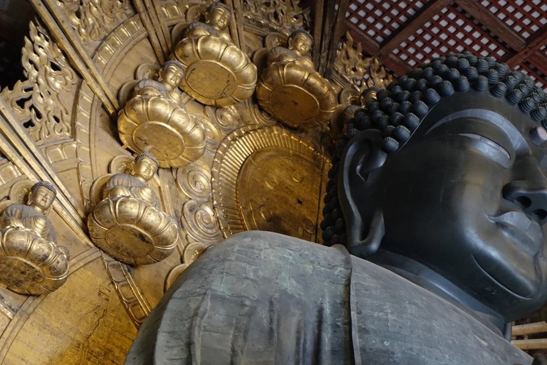 The Great Buddha of Tōdaiji from below, halo figures behind.
