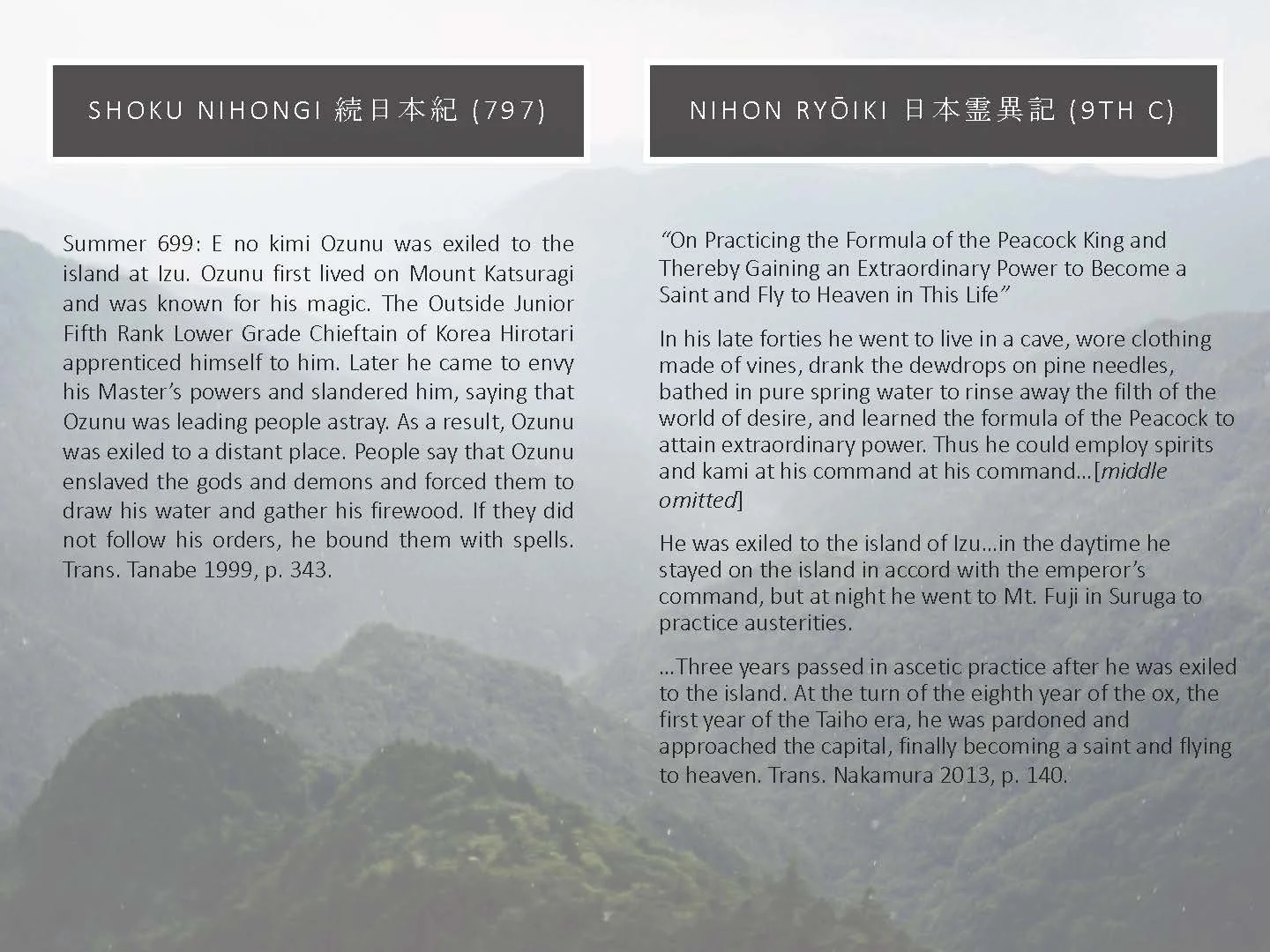 Slide: text panels on the Nihon ryōiki and the 1872 Shugendō prohibition.