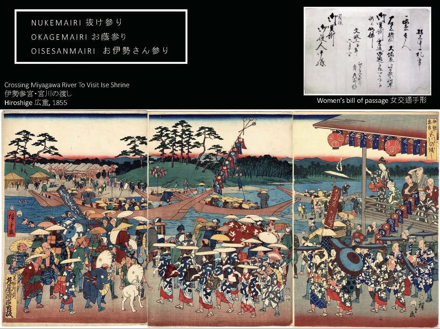 Slide: Edo woodblock prints of pilgrimage crowds.
