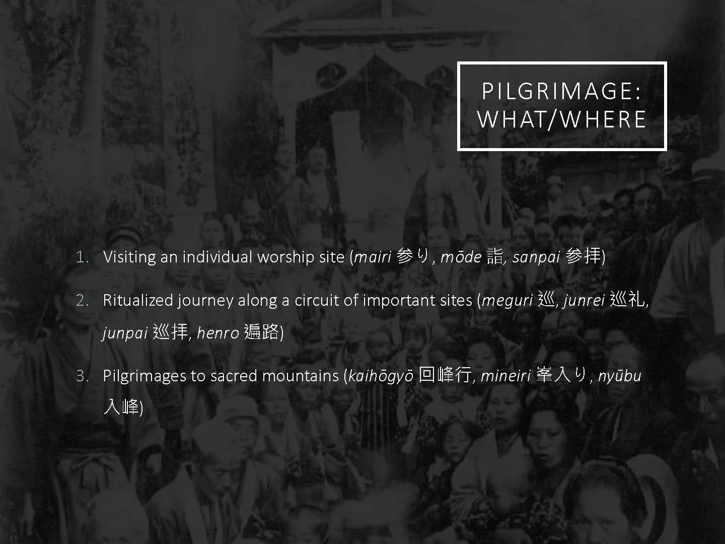 Slide: pilgrimage—what and where; junrei, henro, mōde.