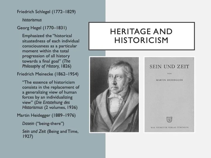 Slide: heritage and historicism—Schlegel, Hegel, Nietzsche, Heidegger.