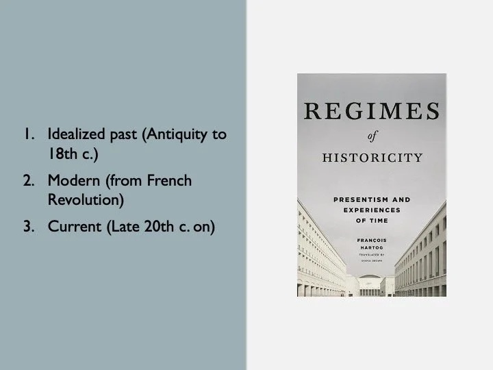 Slide: Regimes of Historicity—idealized, modern, current.