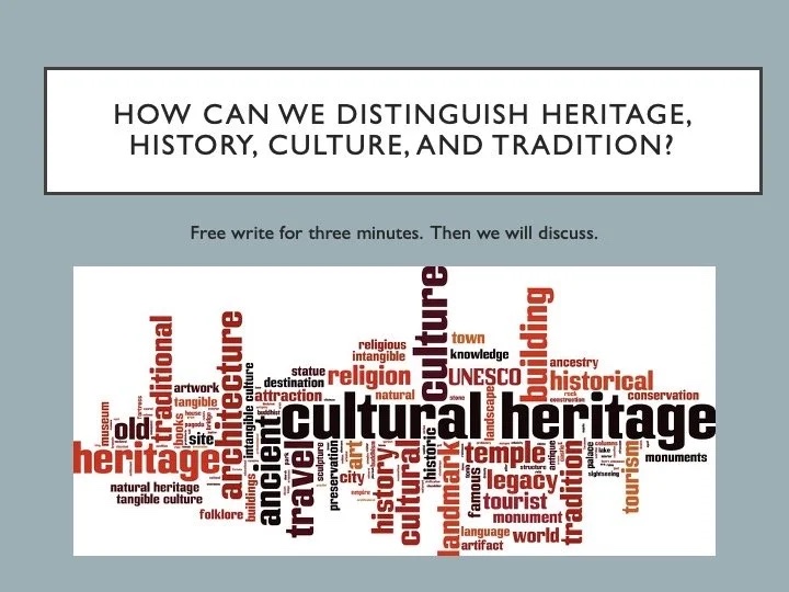 Slide: how can we distinguish heritage, history, culture, and tradition? Word cloud.