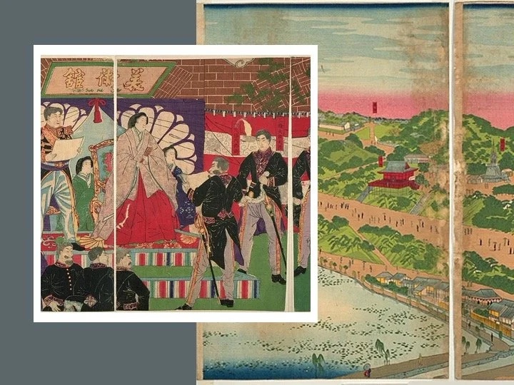 Slide: woodblock print of an exposition.