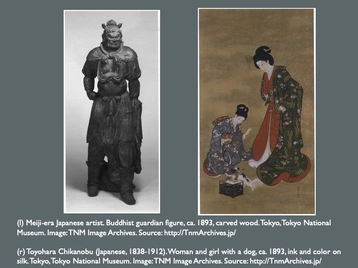 Slide: Meiji-era guardian figure and painting, Tokyo National Museum.
