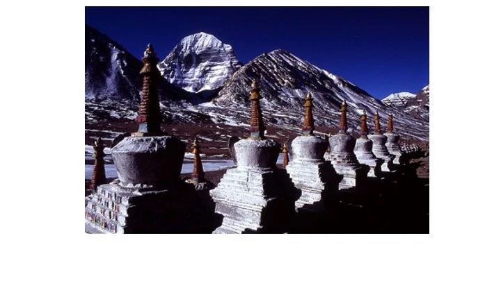 Slide: chortens before Himalayan peaks.