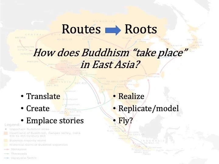 Slide: routes into roots—how Buddhism “takes place.”