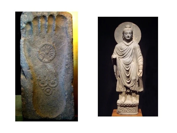 Slide: Buddha footprint stele and Gandhāran Buddha.