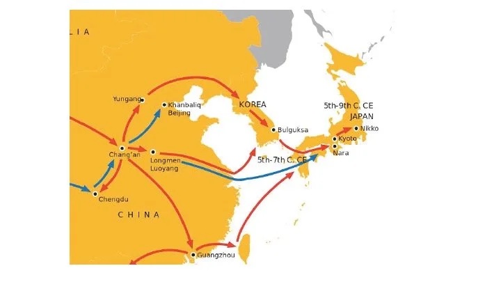 Slide: transmission routes into East Asia.