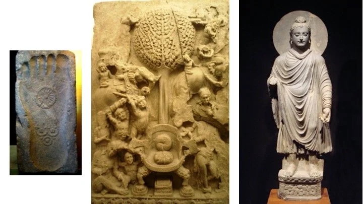 Slide: Gandhāran reliefs and Buddha image.