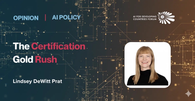 AIFOD opinion slide titled The Certification Gold Rush, with a headshot of Lindsey against a circuit-board background.