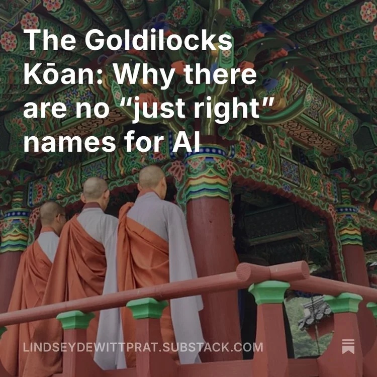 Substack post card: the essay title over a photograph of three monks in orange and gray robes beneath the painted eaves of a temple pavilion.