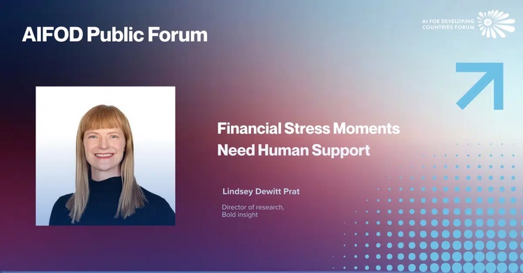 AIFOD Public Forum slide, &ldquo;Financial Stress Moments Need Human Support,&rdquo; with a headshot of Lindsey.