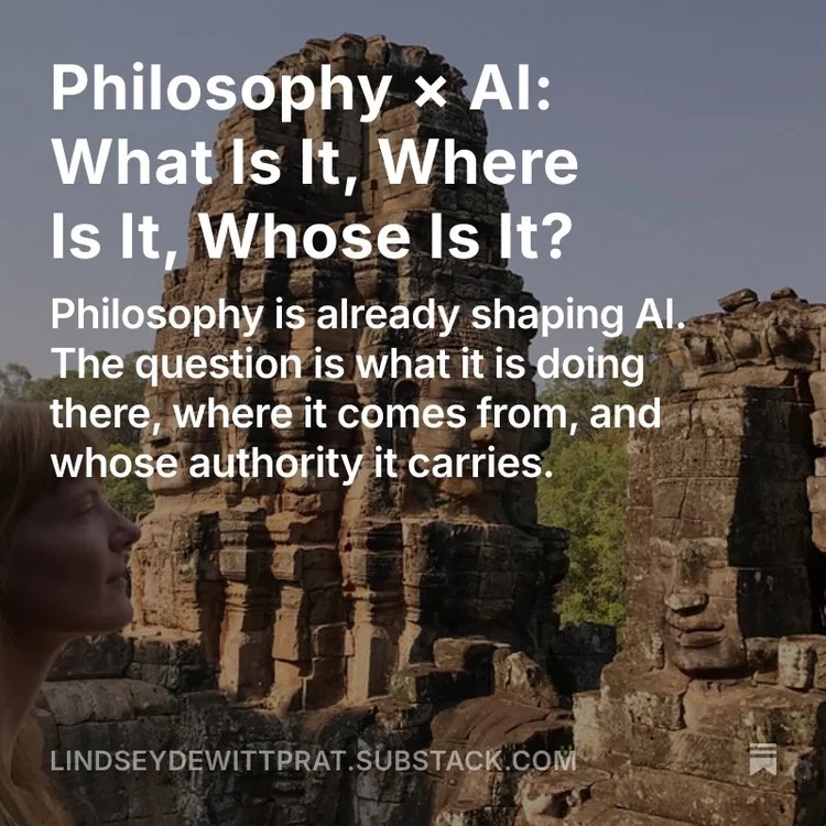 Substack post card: the essay title over a photograph of carved stone faces at a Bayon-style temple tower, with Lindsey in profile at the edge of the frame.