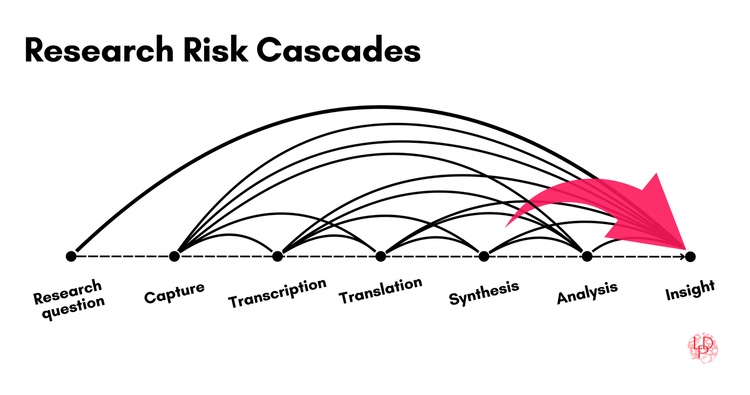 Diagram titled Research Risk Cascades: arcs of error spanning from research question through capture, transcription, translation, synthesis, and analysis, converging in a red arrow at insight.