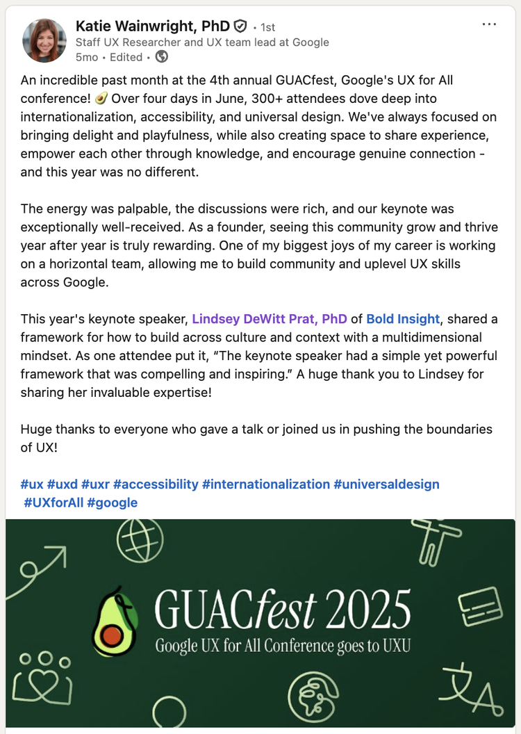 Screenshot of Katie Wainwright's LinkedIn post about GUACfest 2025, Google's UX for All conference, praising the keynote, above the green GUACfest 2025 banner.