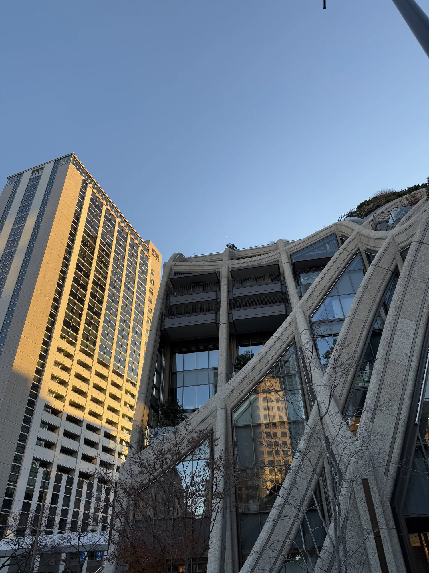 Looking up at the latticed stone facade of a Tokyo tower complex, a sunlit high-rise and a crescent moon behind.